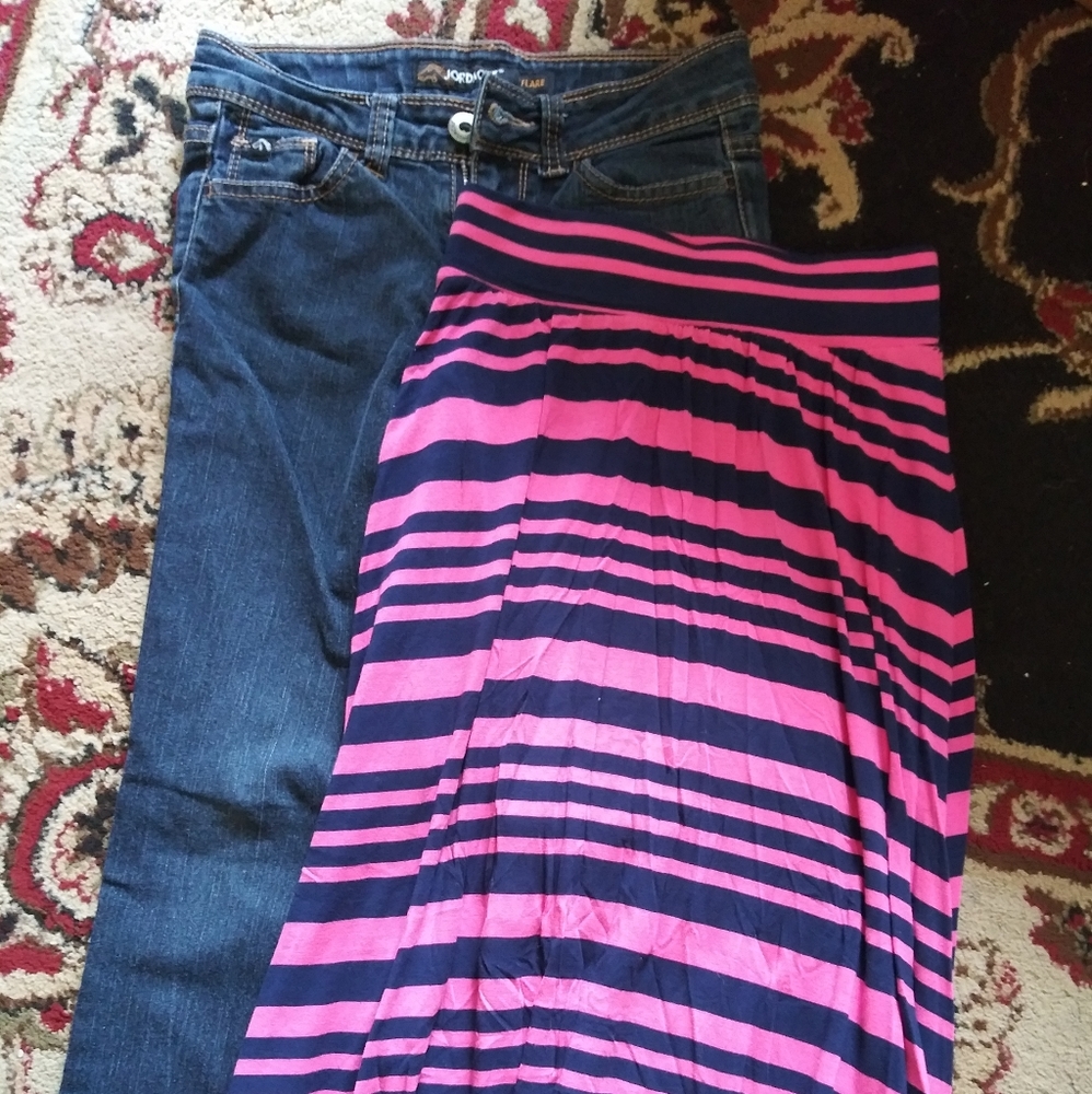 Girls size8 flare jeans plus long pink skirt